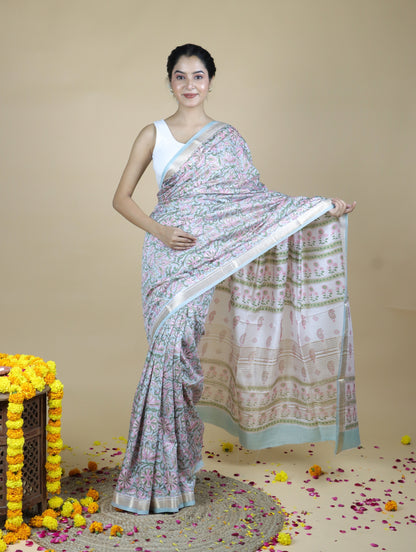 Pastel Green Blended Maheshwari Silk With Sanganeri Block Prints