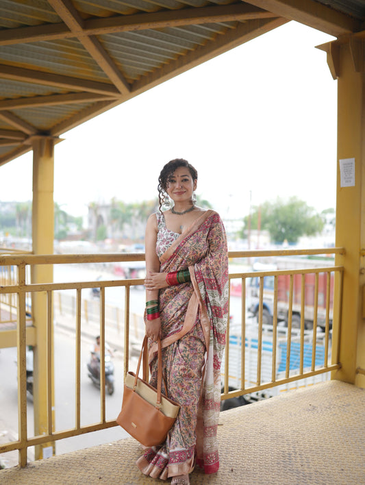 Rose Gold Blended Maheshwari Silk With Sanganeri Block Prints