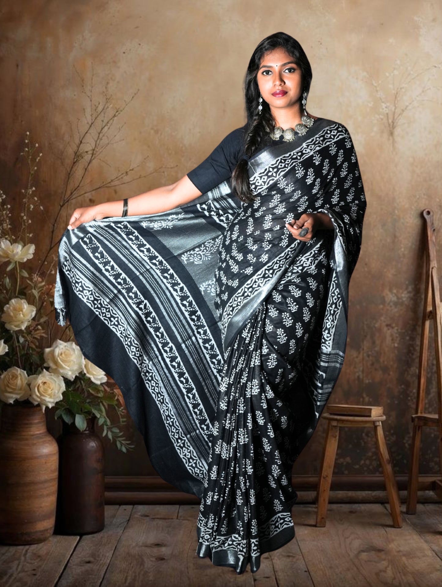 Black Cotton Linen Saree with Bagru Prints