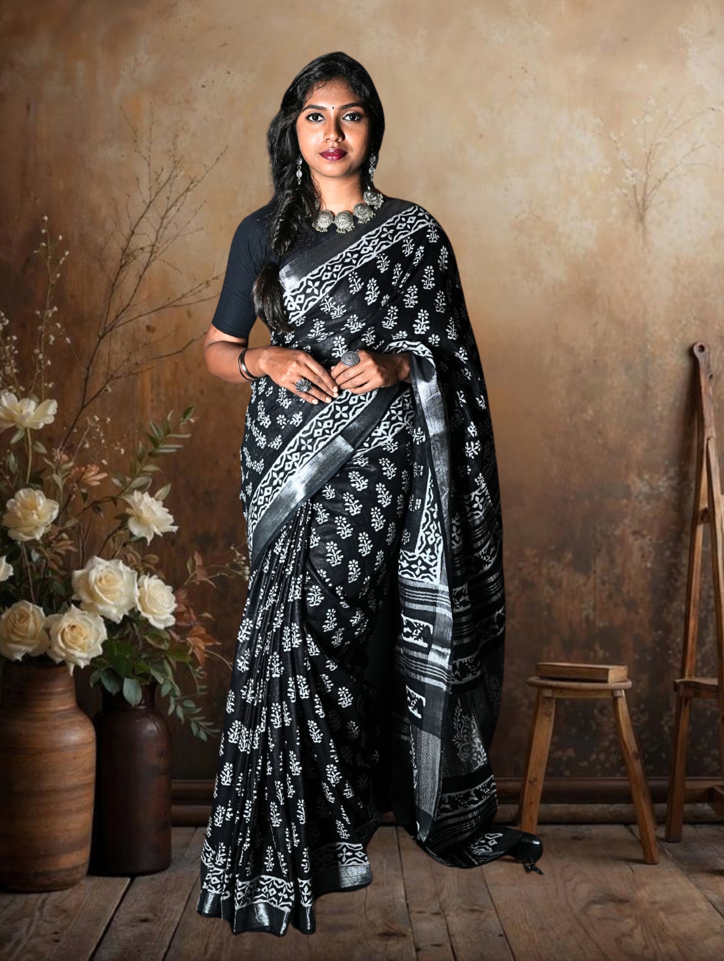 Black Cotton Linen Saree with Bagru Prints