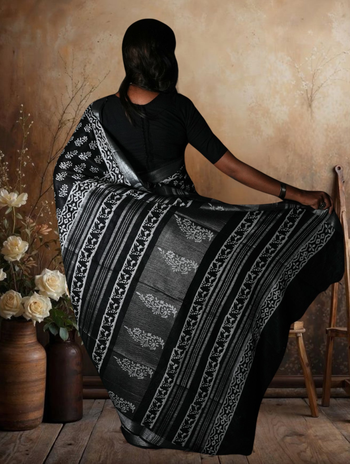 Black Cotton Linen Saree with Bagru Prints