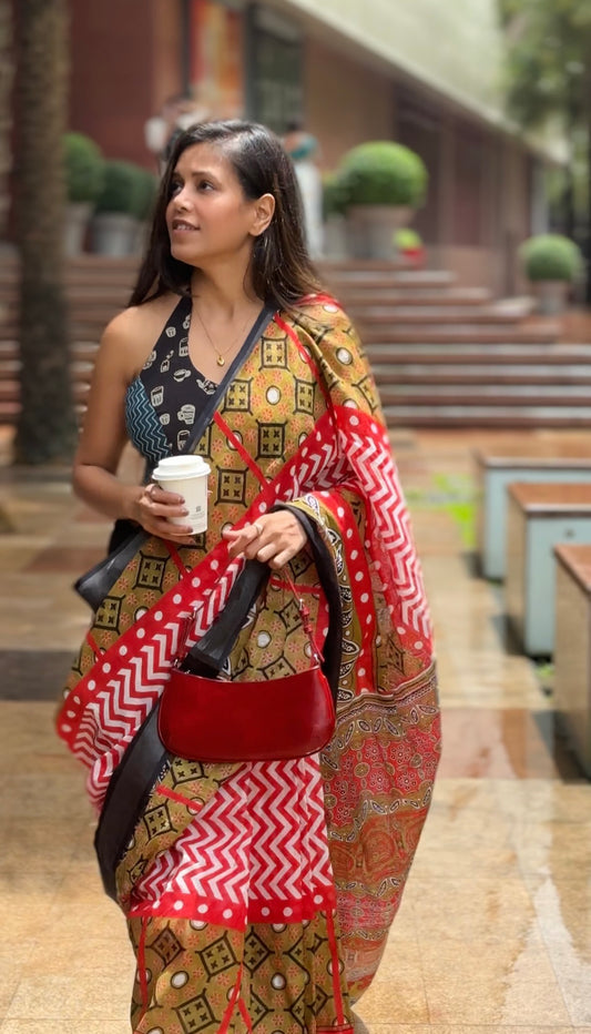 Multicolored Cotton Linen Block Printed Saree