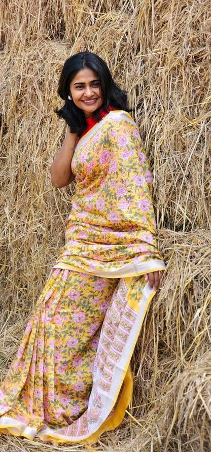 Yellow Blended Maheshwari Silk With Sanganeri Block Prints