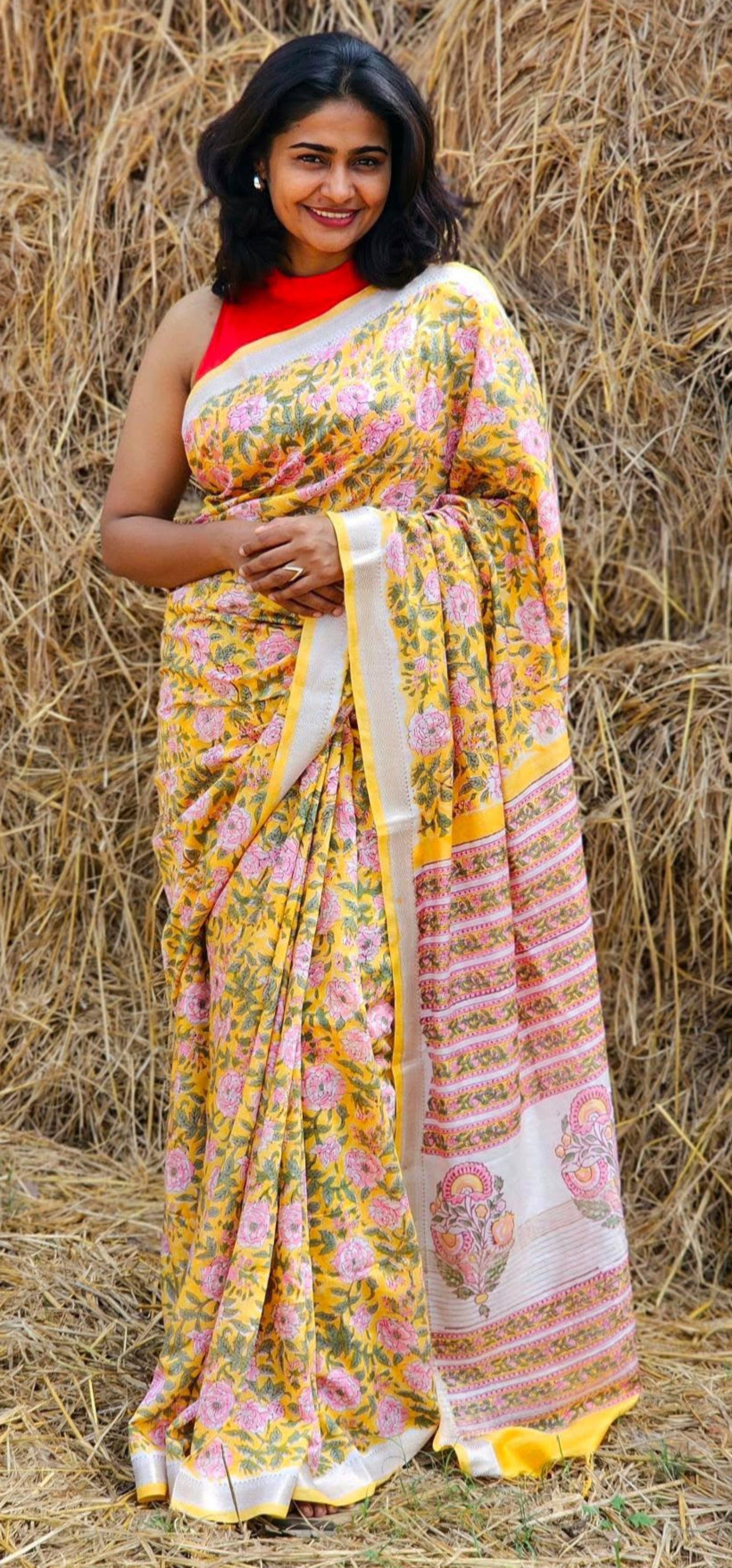 Yellow Blended Maheshwari Silk With Sanganeri Block Prints