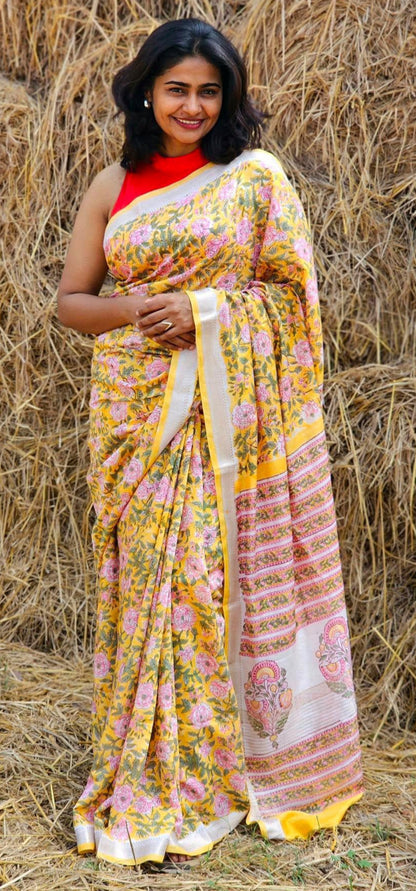 Yellow Blended Maheshwari Silk With Sanganeri Block Prints
