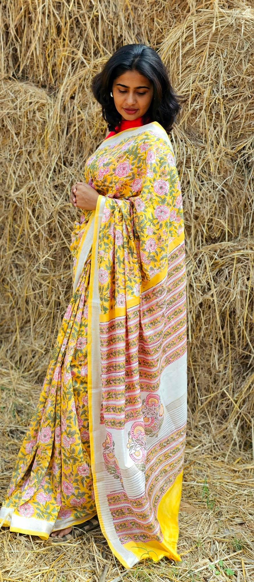 Yellow Blended Maheshwari Silk With Sanganeri Block Prints