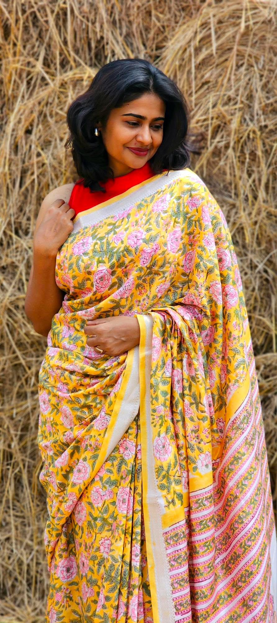 Yellow Blended Maheshwari Silk With Sanganeri Block Prints