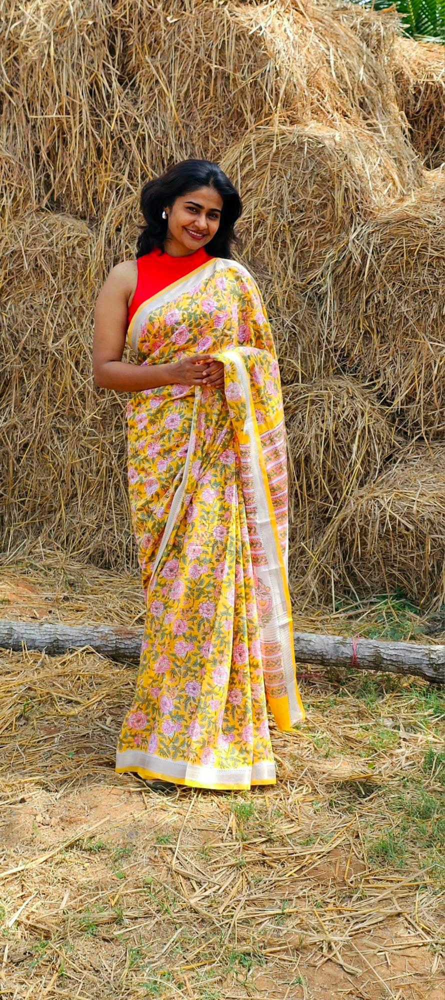 Yellow Blended Maheshwari Silk With Sanganeri Block Prints